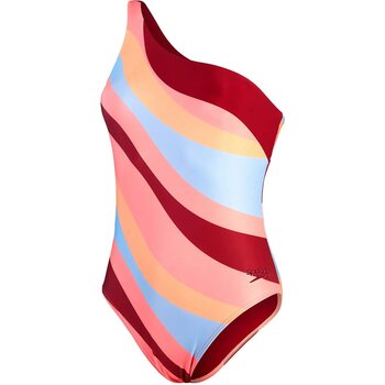 Speedo Printed Asymetric 1 Piece Womens, Oxblood / Soft Coral / Blue Tack / Nectarine, 36 (EUR 40)